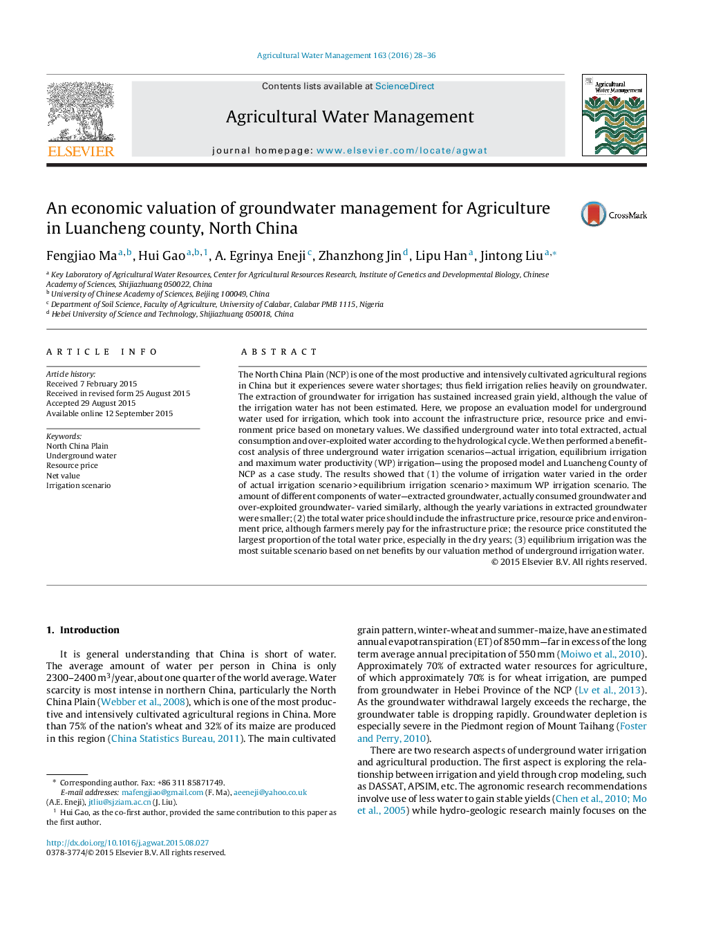 An economic valuation of groundwater management for Agriculture in Luancheng county, North China