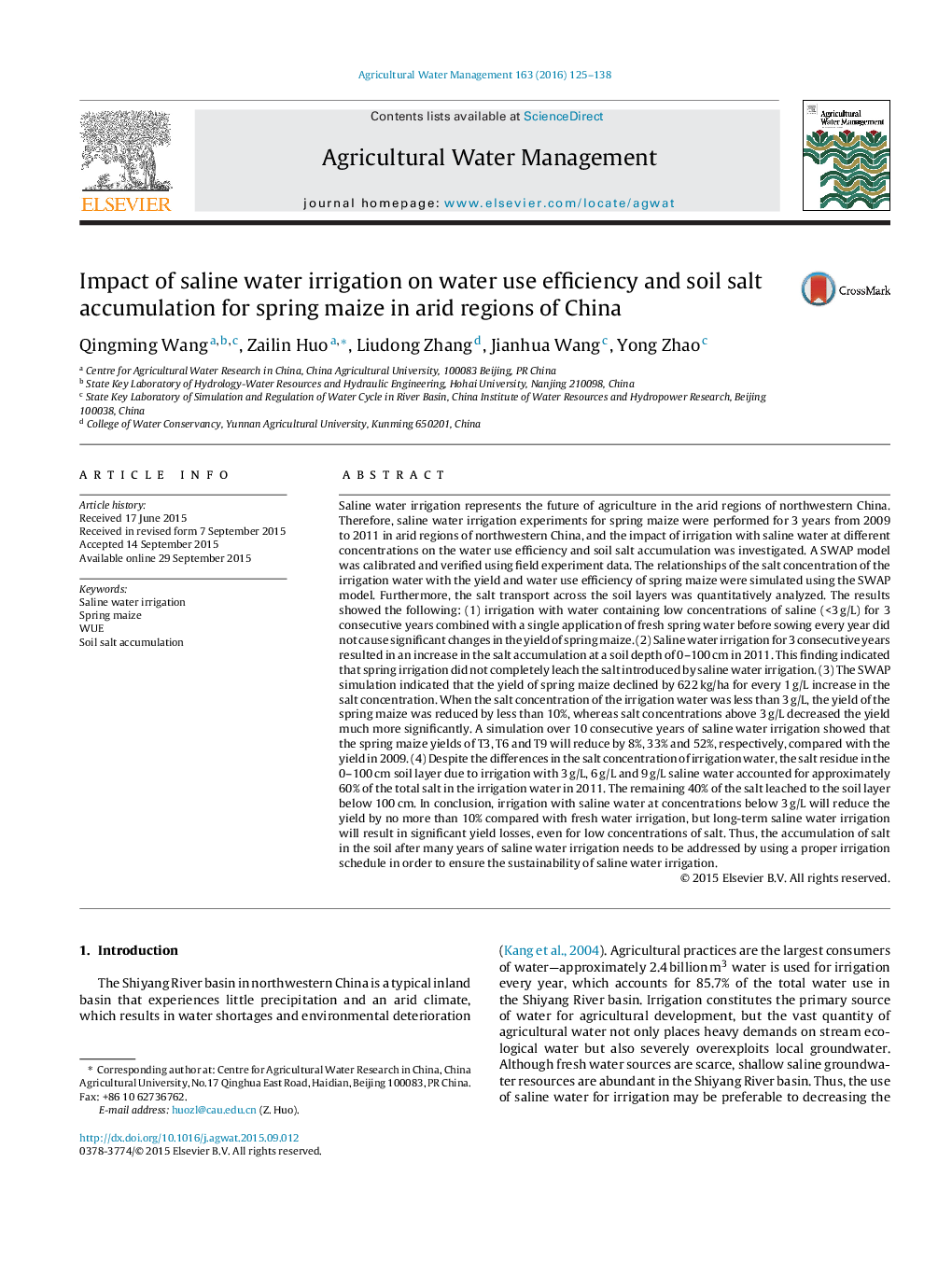 Impact of saline water irrigation on water use efficiency and soil salt accumulation for spring maize in arid regions of China