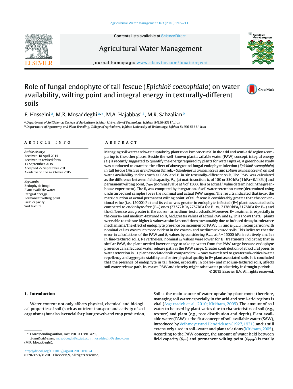 Role of fungal endophyte of tall fescue (Epichloë coenophiala) on water availability, wilting point and integral energy in texturally-different soils