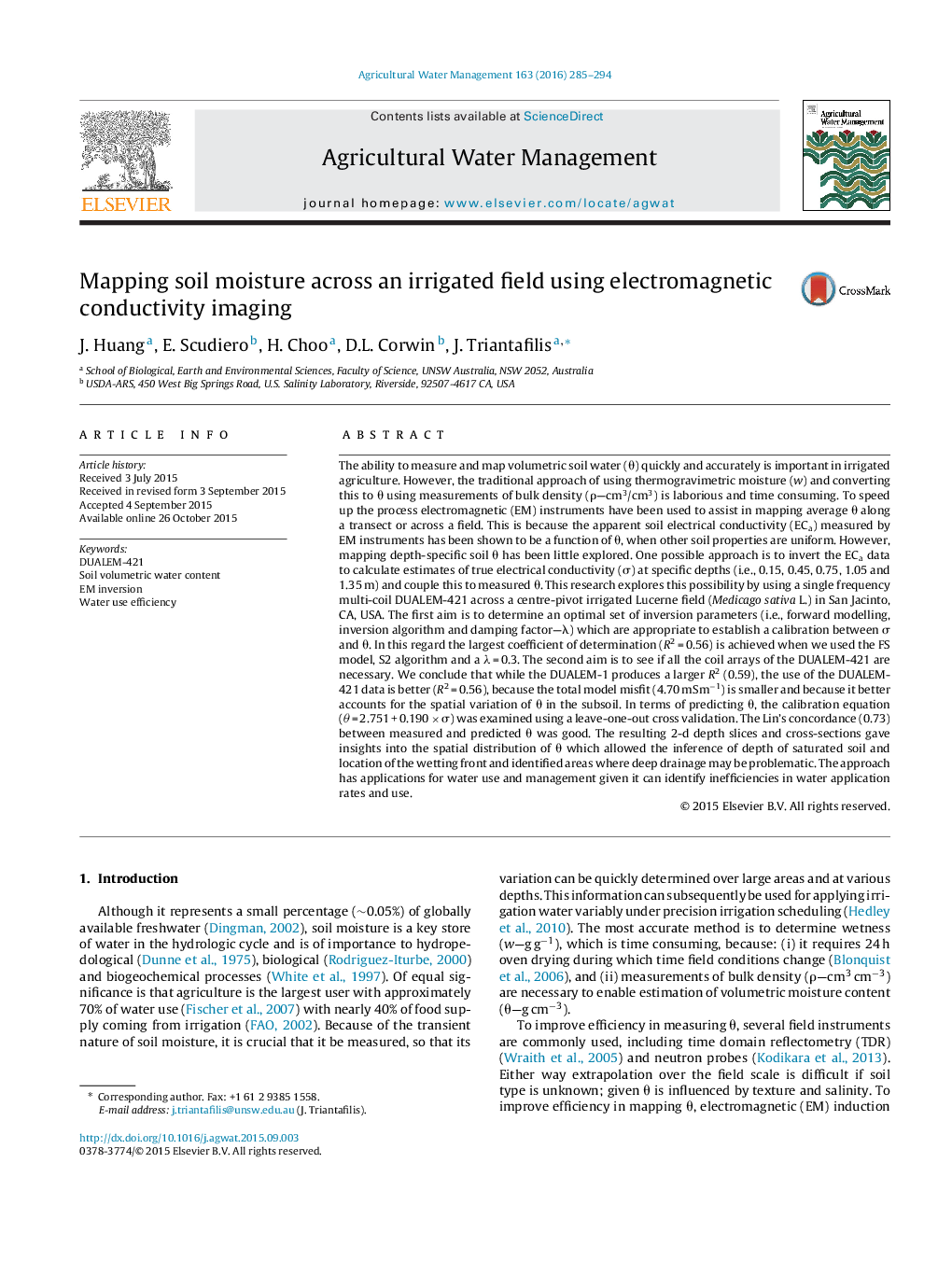 Mapping soil moisture across an irrigated field using electromagnetic conductivity imaging