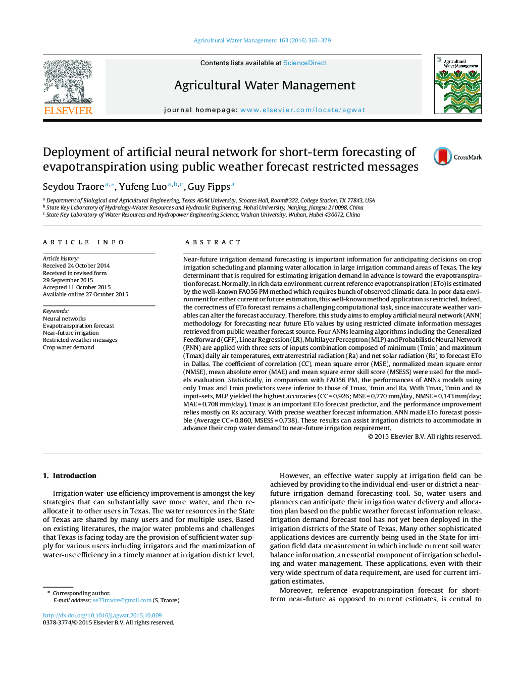 Deployment of artificial neural network for short-term forecasting of evapotranspiration using public weather forecast restricted messages