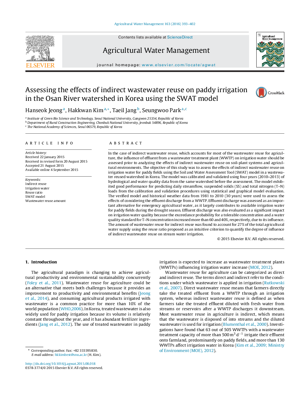 Assessing the effects of indirect wastewater reuse on paddy irrigation in the Osan River watershed in Korea using the SWAT model