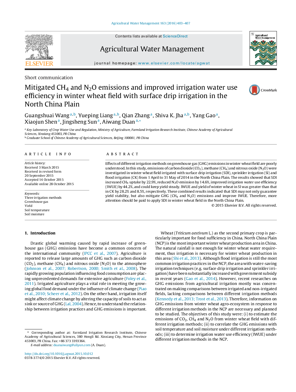 Mitigated CH4 and N2O emissions and improved irrigation water use efficiency in winter wheat field with surface drip irrigation in the North China Plain