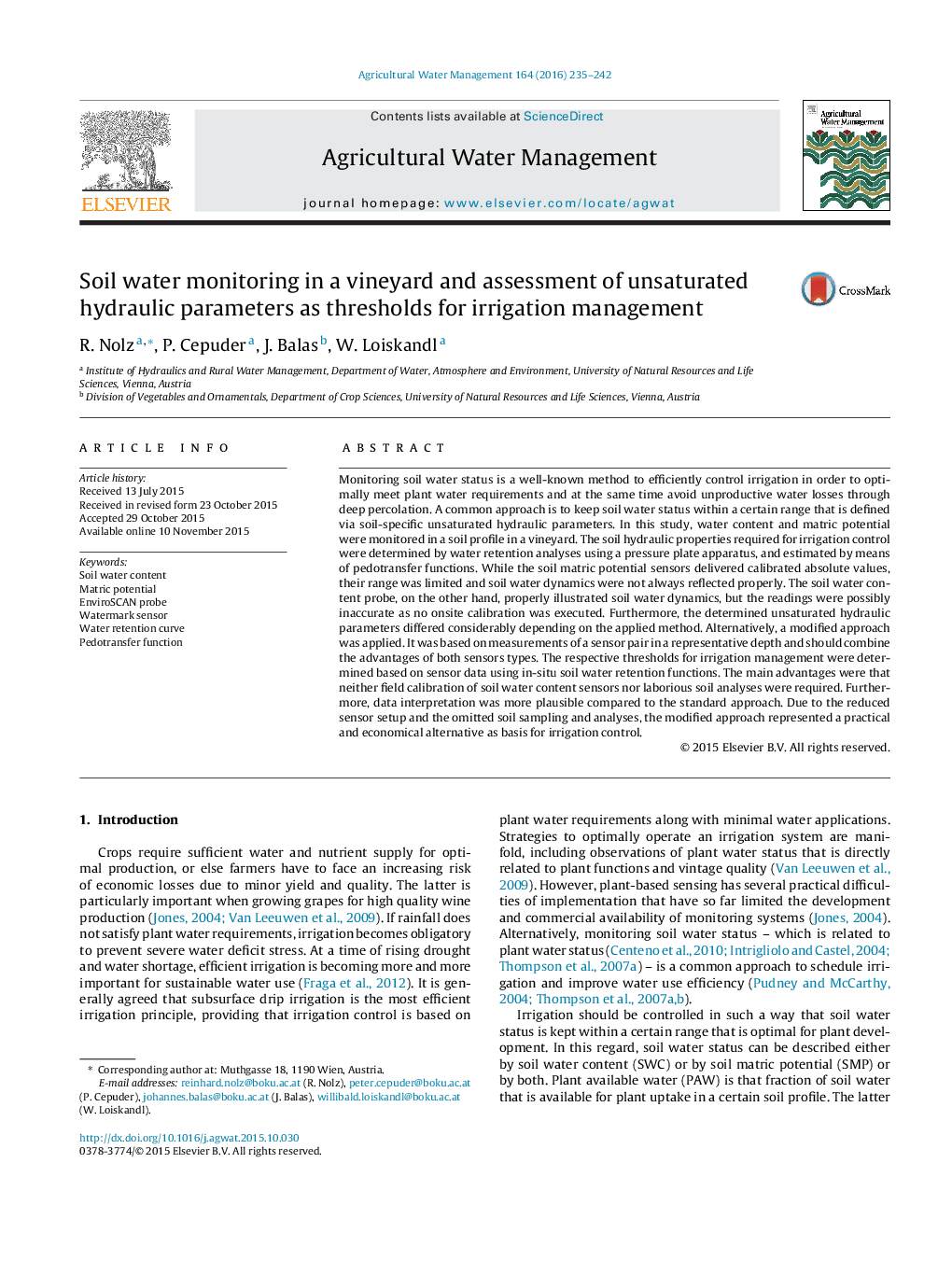 Soil water monitoring in a vineyard and assessment of unsaturated hydraulic parameters as thresholds for irrigation management