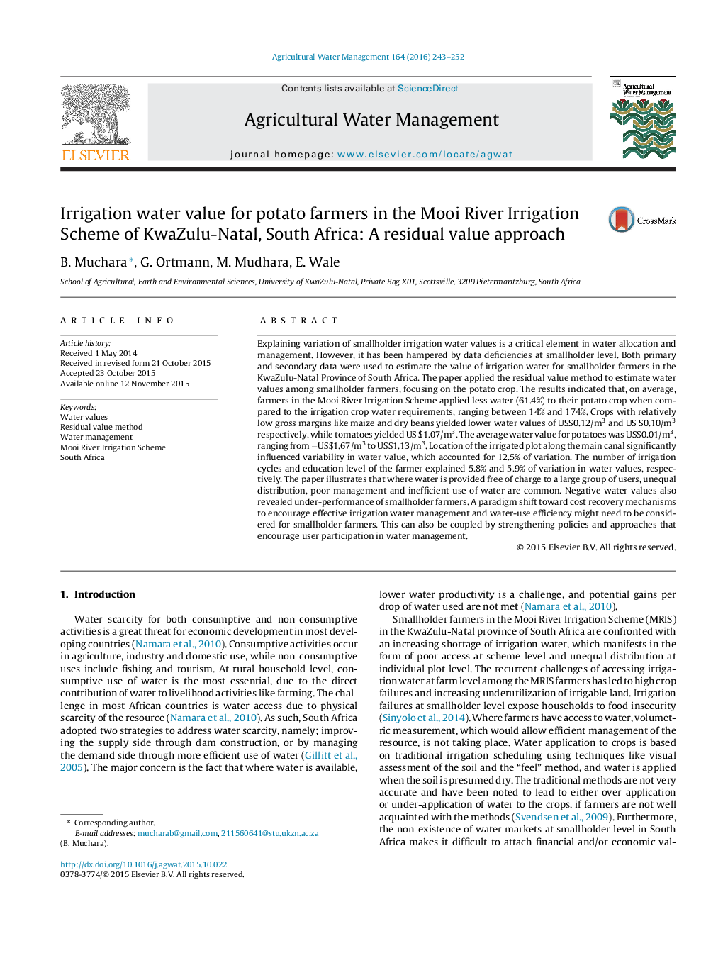 Irrigation water value for potato farmers in the Mooi River Irrigation Scheme of KwaZulu-Natal, South Africa: A residual value approach