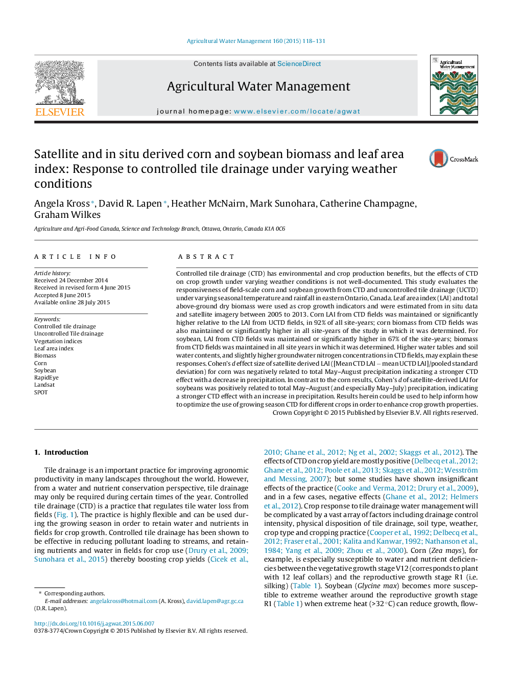 Satellite and in situ derived corn and soybean biomass and leaf area index: Response to controlled tile drainage under varying weather conditions