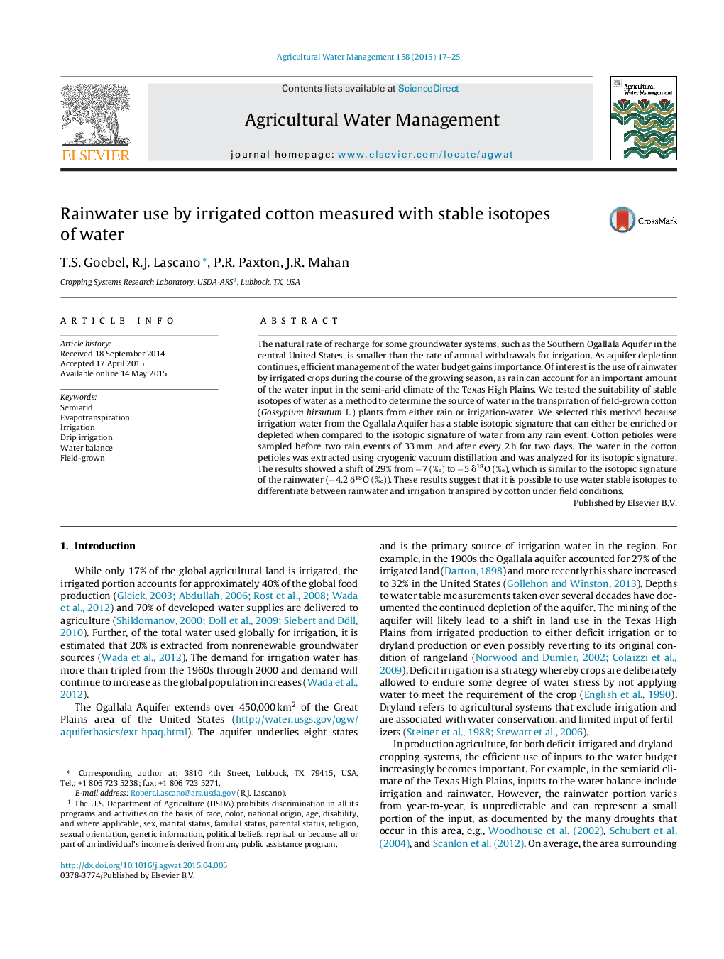 Rainwater use by irrigated cotton measured with stable isotopes of water