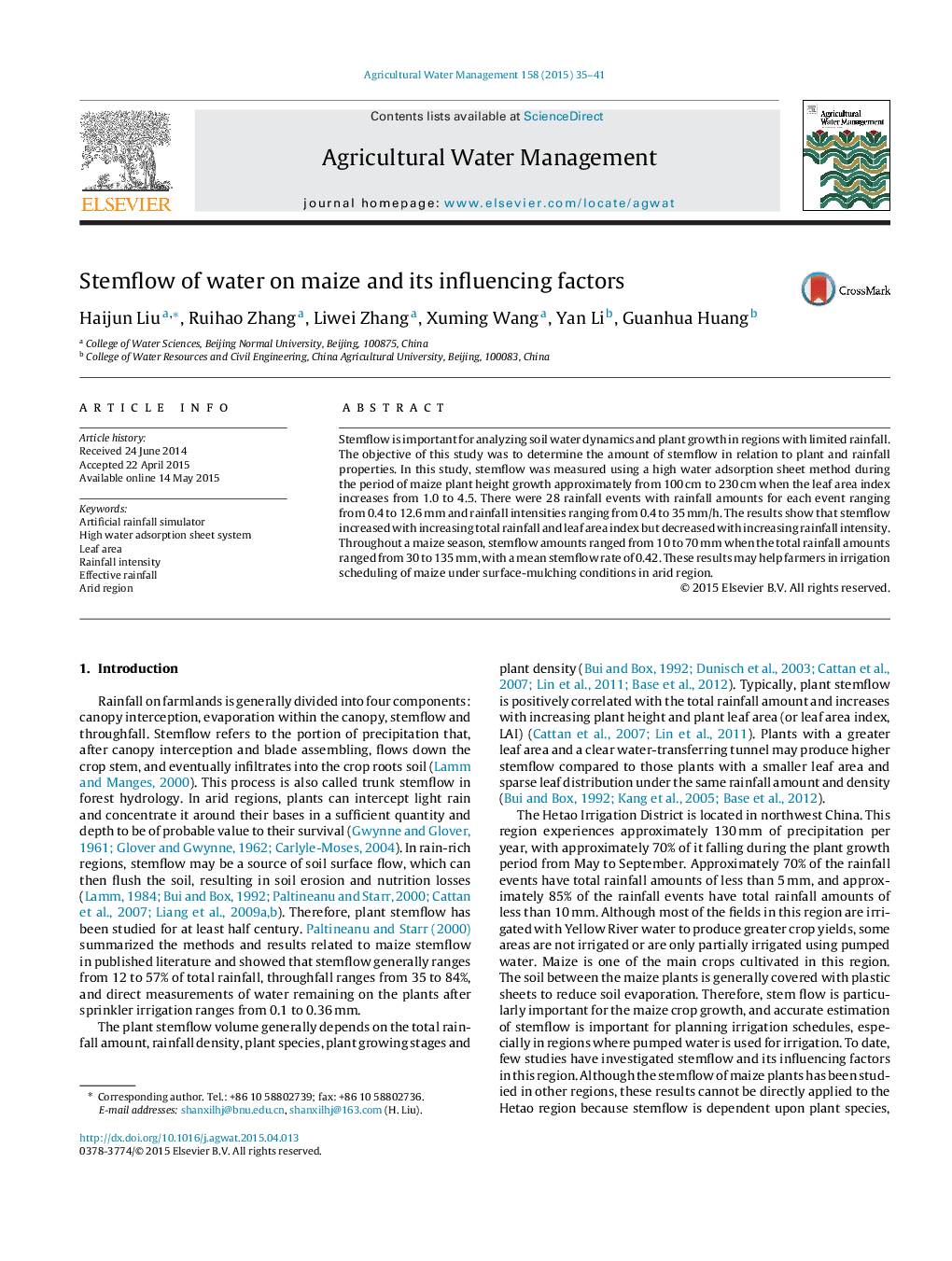 Stemflow of water on maize and its influencing factors