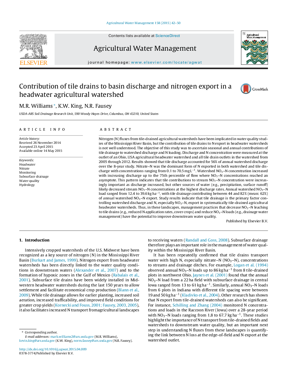 Contribution of tile drains to basin discharge and nitrogen export in a headwater agricultural watershed