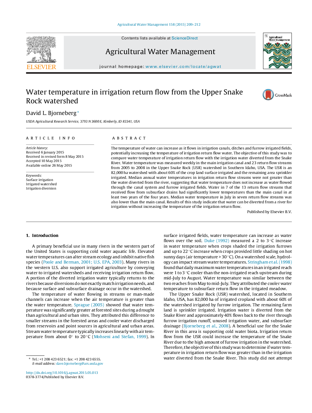 Water temperature in irrigation return flow from the Upper Snake Rock watershed