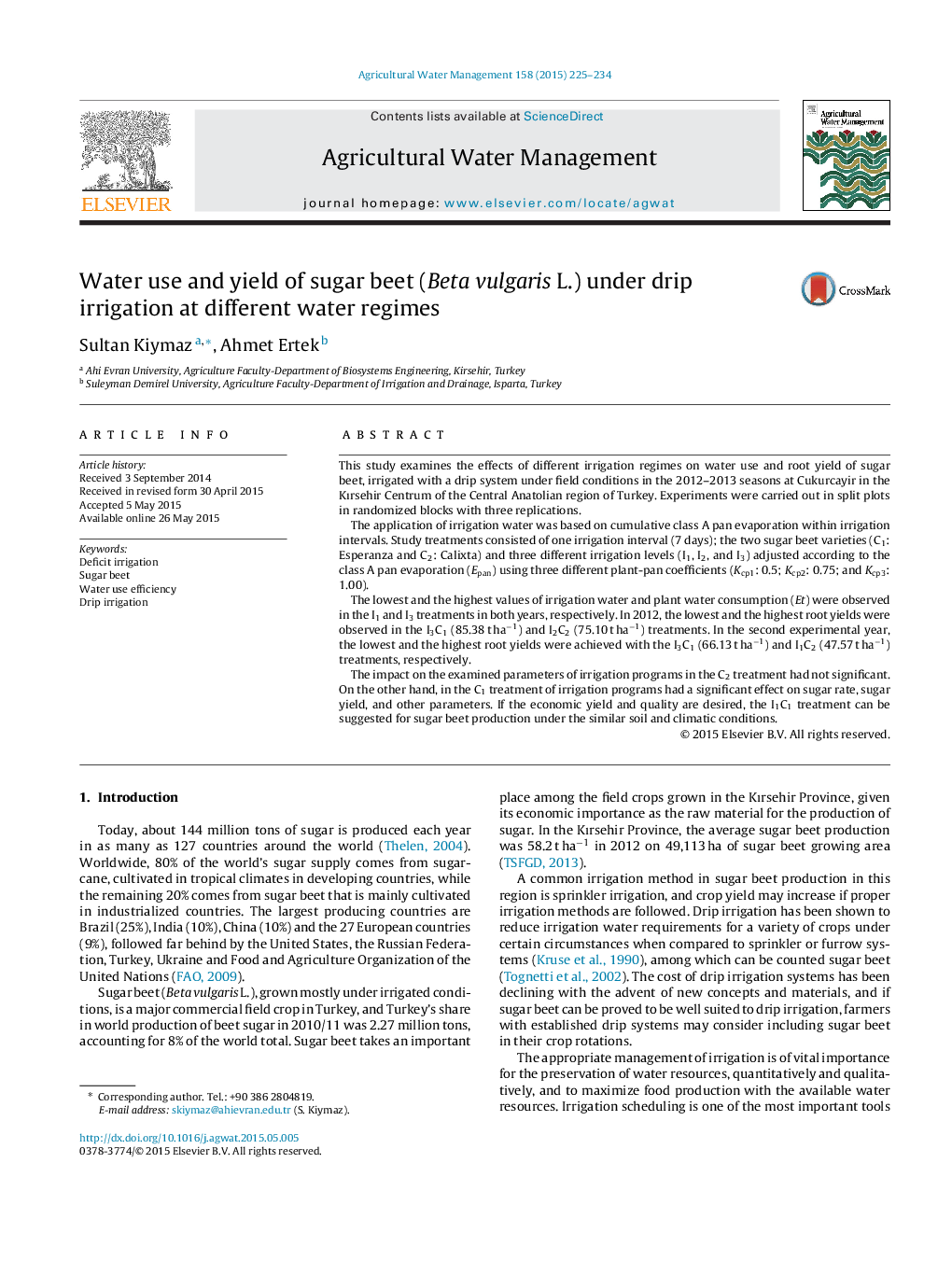 Water use and yield of sugar beet (Beta vulgaris L.) under drip irrigation at different water regimes