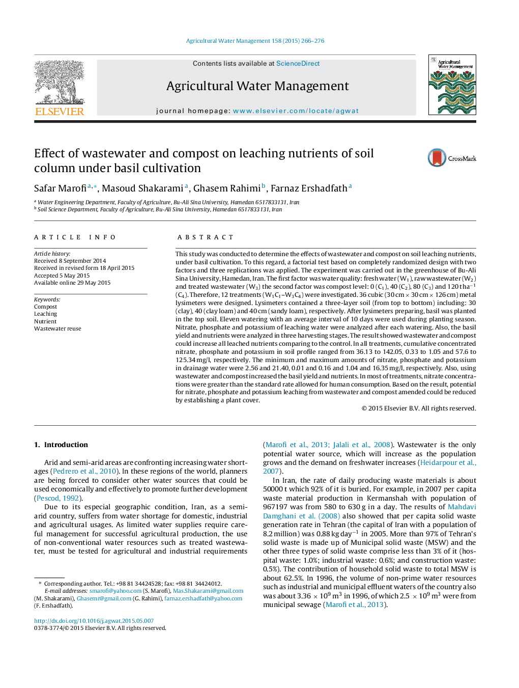 Effect of wastewater and compost on leaching nutrients of soil column under basil cultivation