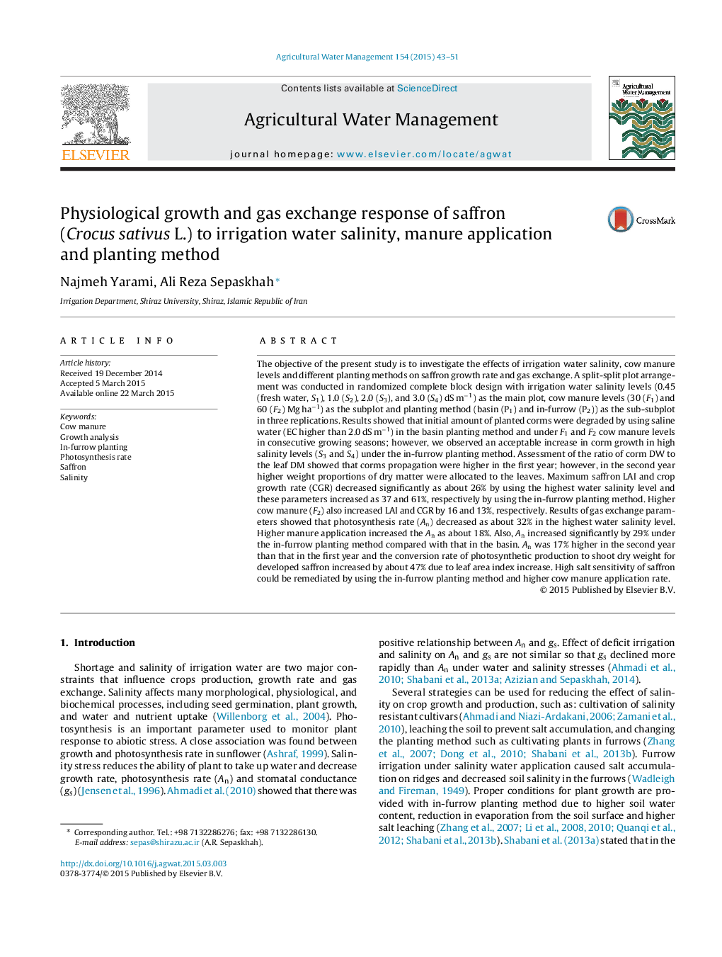 Physiological growth and gas exchange response of saffron (Crocus sativus L.) to irrigation water salinity, manure application and planting method