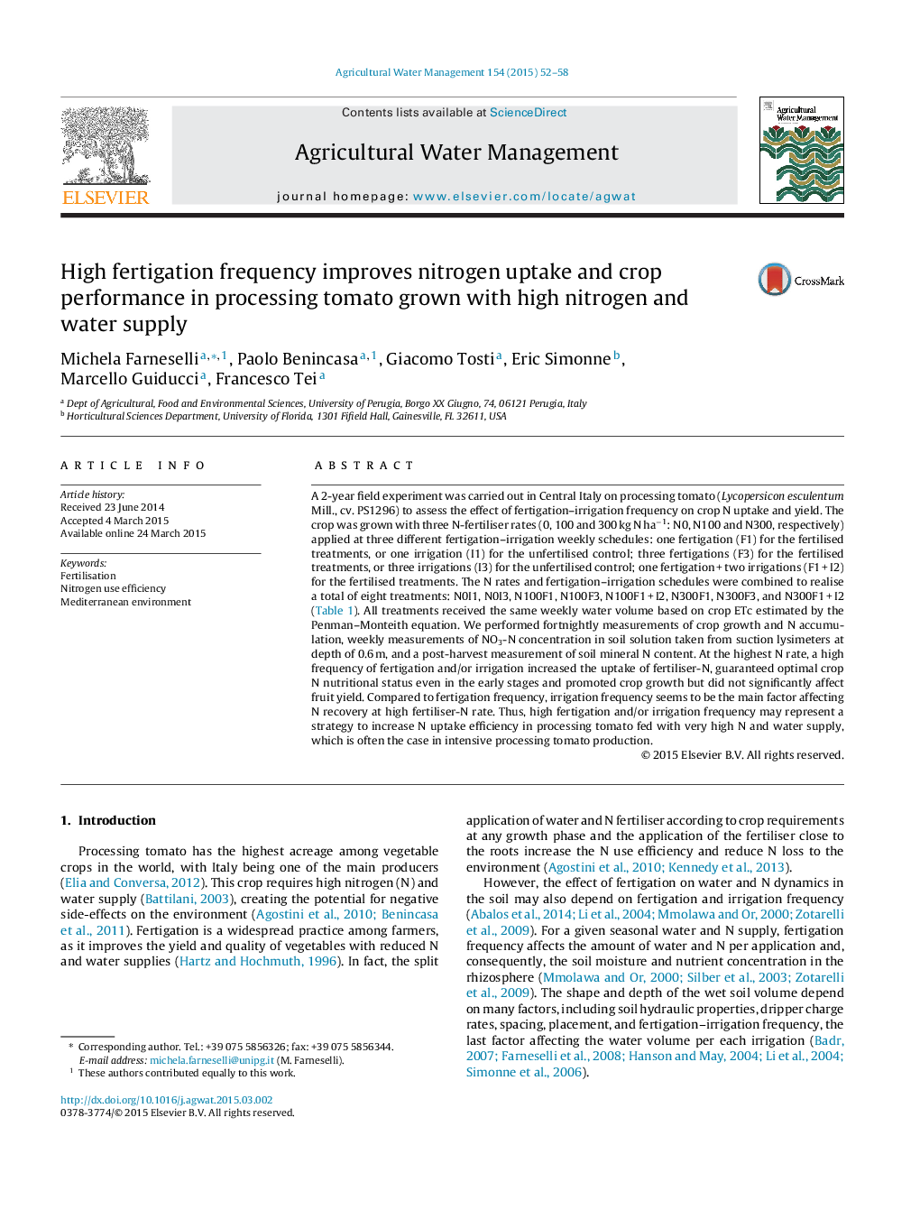 High fertigation frequency improves nitrogen uptake and crop performance in processing tomato grown with high nitrogen and water supply