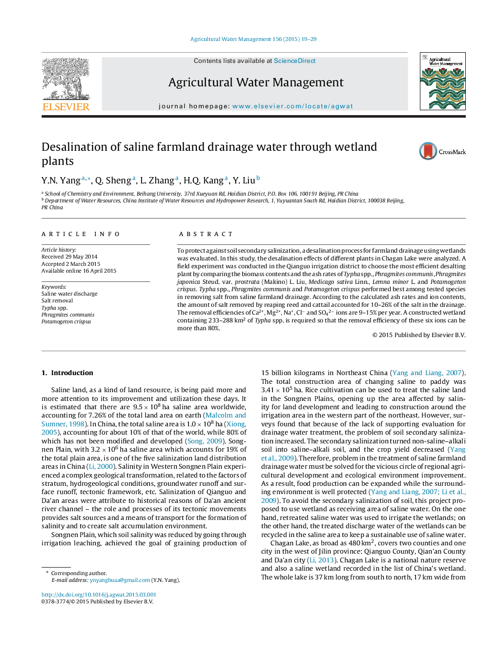 Desalination of saline farmland drainage water through wetland plants