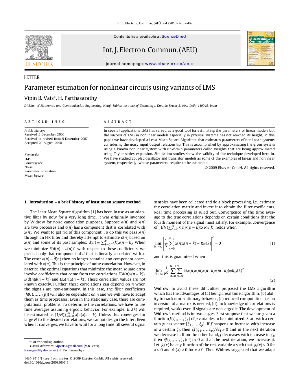 Parameter estimation for nonlinear circuits using variants of LMS