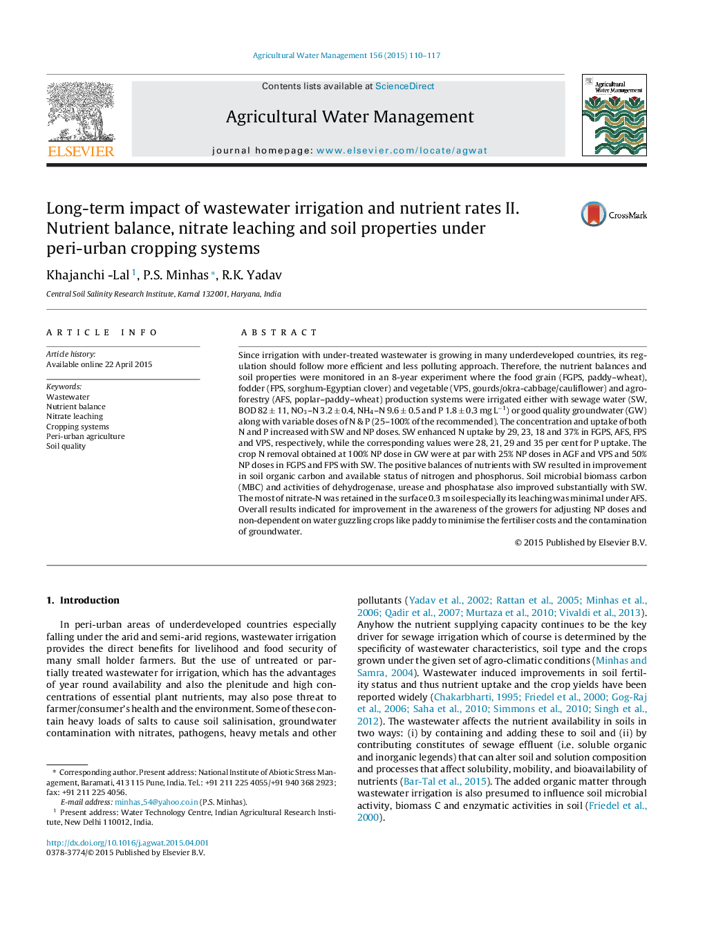 Long-term impact of wastewater irrigation and nutrient rates II. Nutrient balance, nitrate leaching and soil properties under peri-urban cropping systems