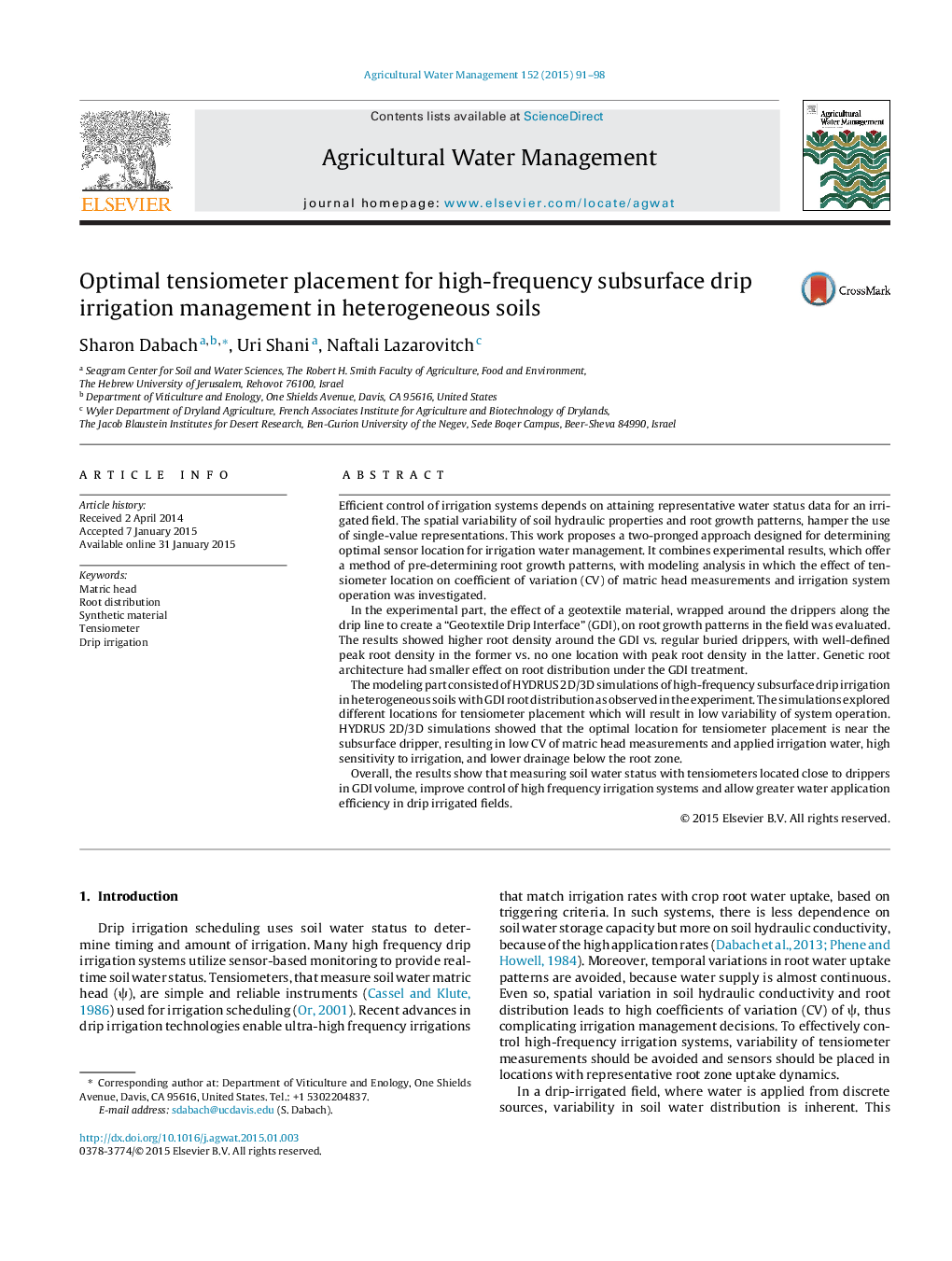 Optimal tensiometer placement for high-frequency subsurface drip irrigation management in heterogeneous soils