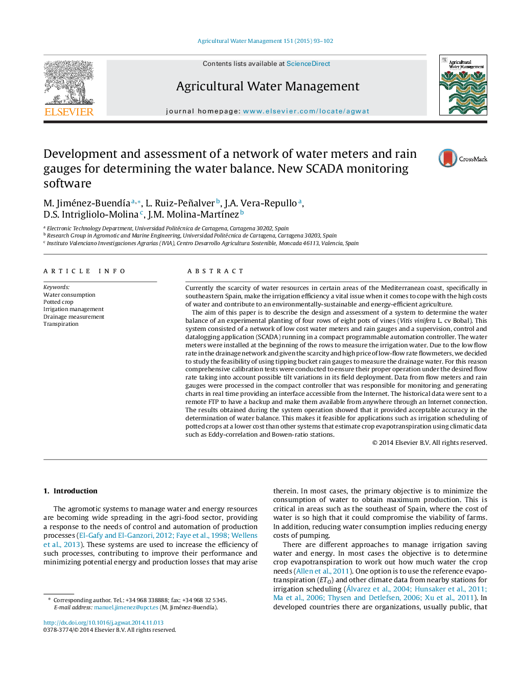 Development and assessment of a network of water meters and rain gauges for determining the water balance. New SCADA monitoring software