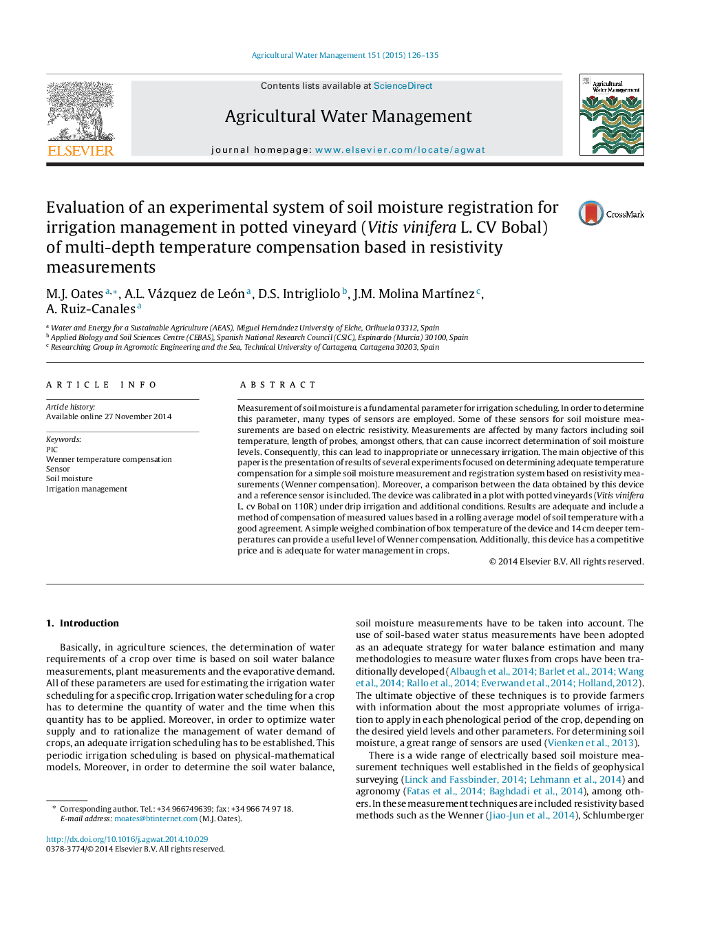 Evaluation of an experimental system of soil moisture registration for irrigation management in potted vineyard (Vitis vinifera L. CV Bobal) of multi-depth temperature compensation based in resistivity measurements