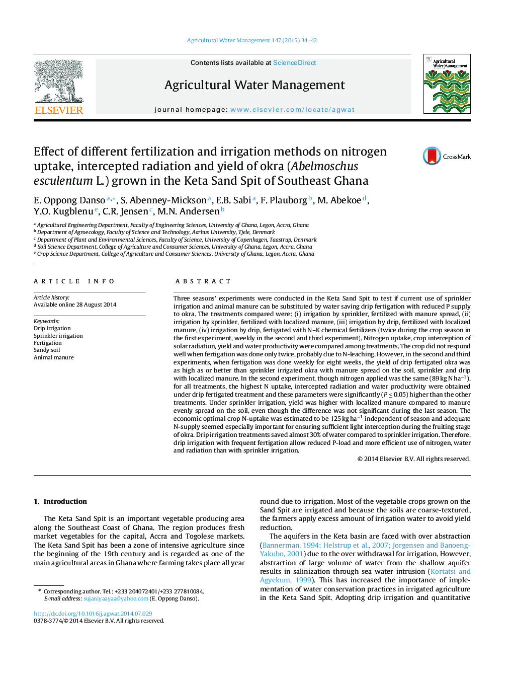 Effect of different fertilization and irrigation methods on nitrogen uptake, intercepted radiation and yield of okra (Abelmoschus esculentum L.) grown in the Keta Sand Spit of Southeast Ghana