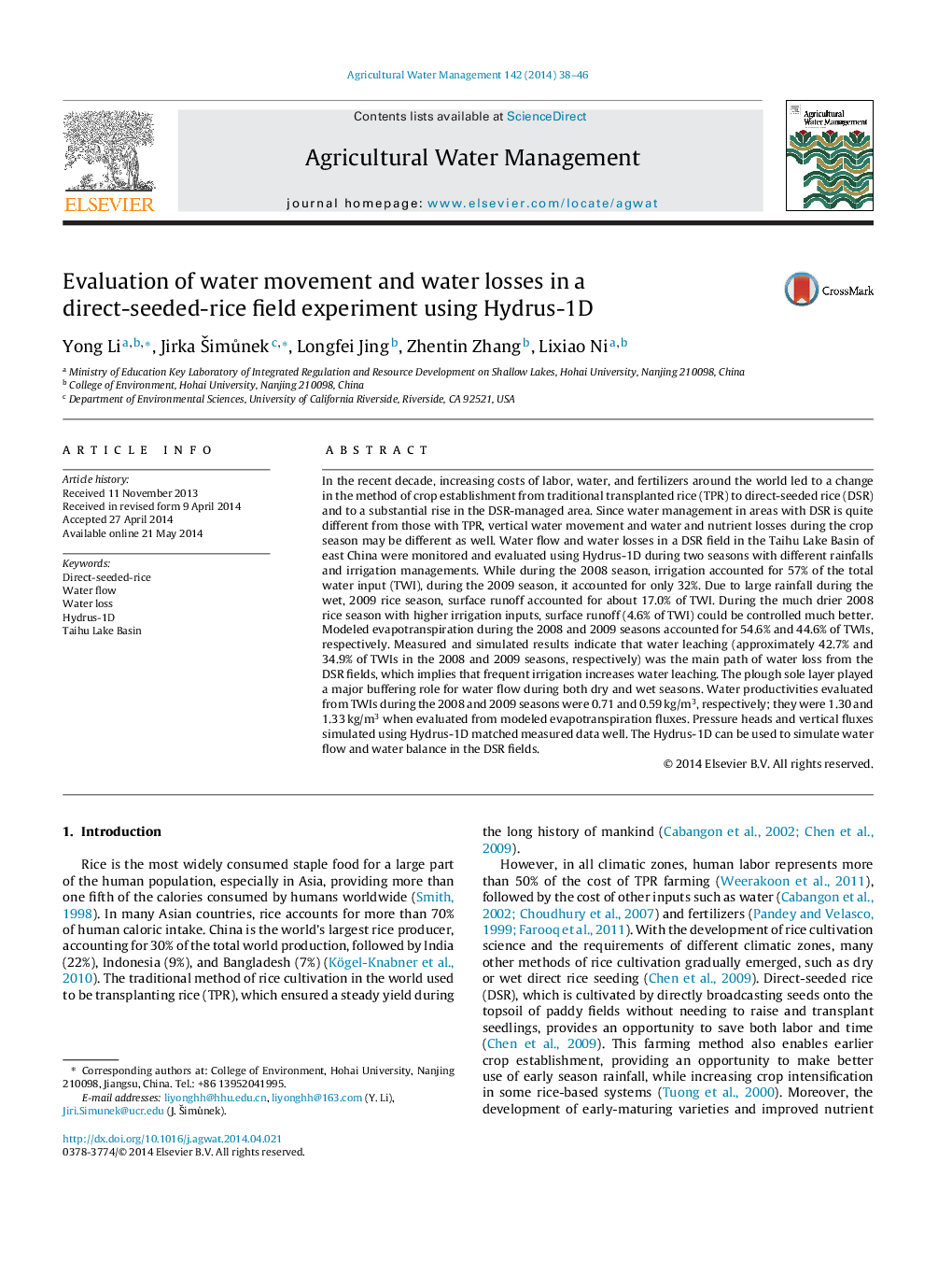 Evaluation of water movement and water losses in a direct-seeded-rice field experiment using Hydrus-1D