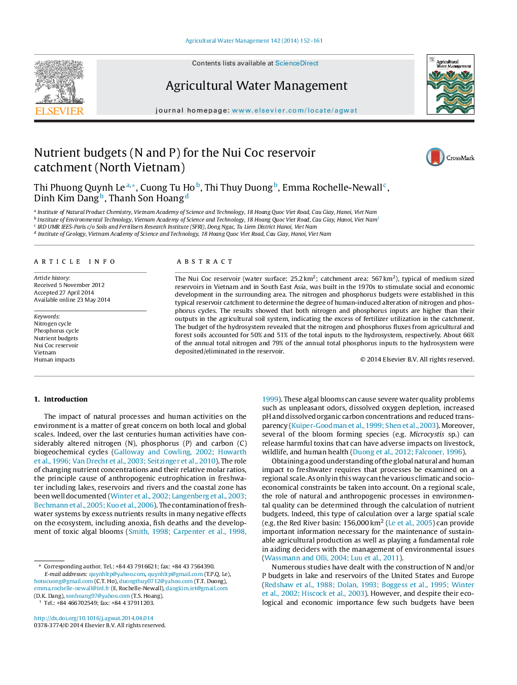 Nutrient budgets (N and P) for the Nui Coc reservoir catchment (North Vietnam)