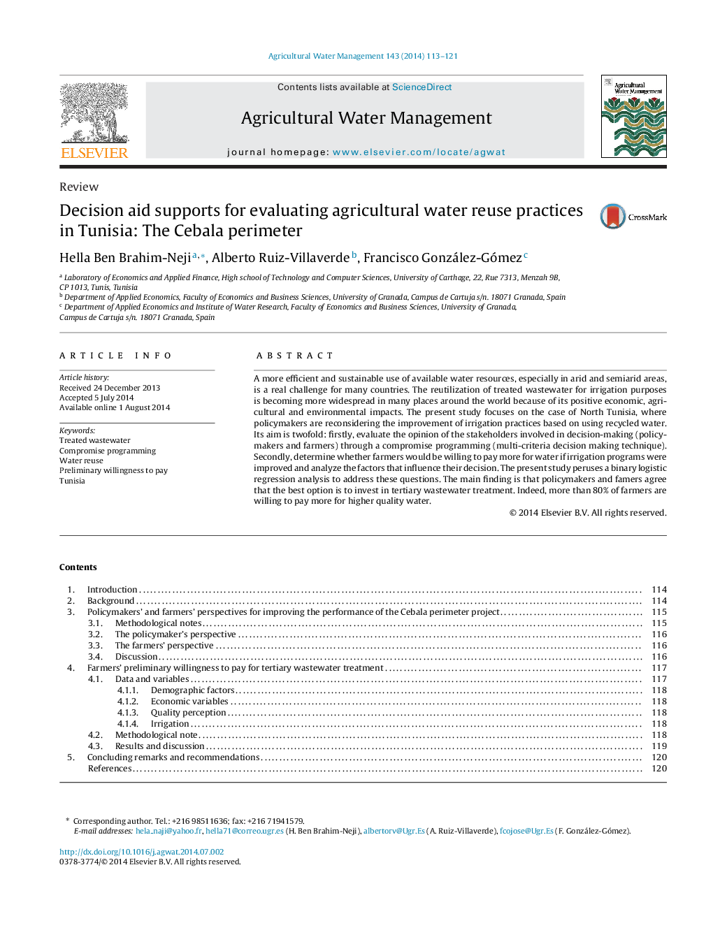 Decision aid supports for evaluating agricultural water reuse practices in Tunisia: The Cebala perimeter