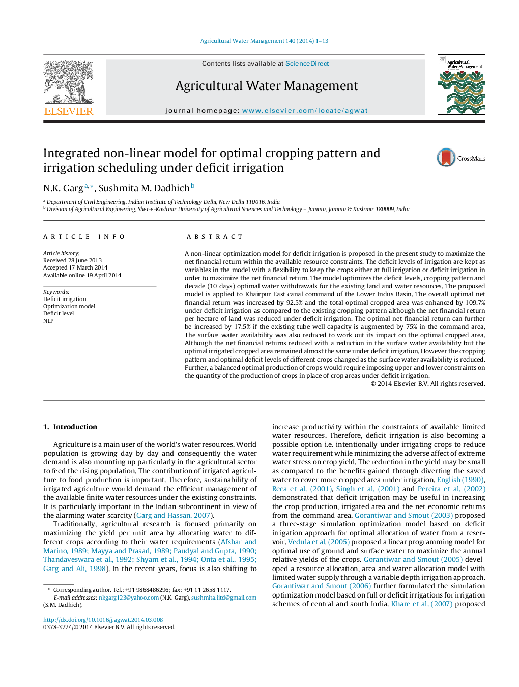 Integrated non-linear model for optimal cropping pattern and irrigation scheduling under deficit irrigation