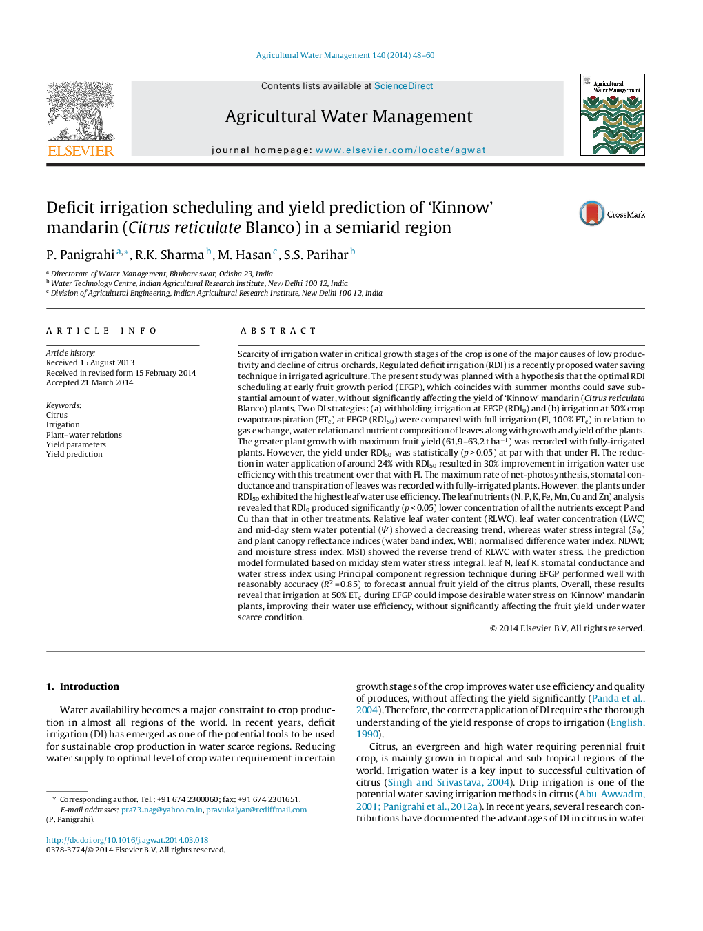 Deficit irrigation scheduling and yield prediction of ‘Kinnow’ mandarin (Citrus reticulate Blanco) in a semiarid region