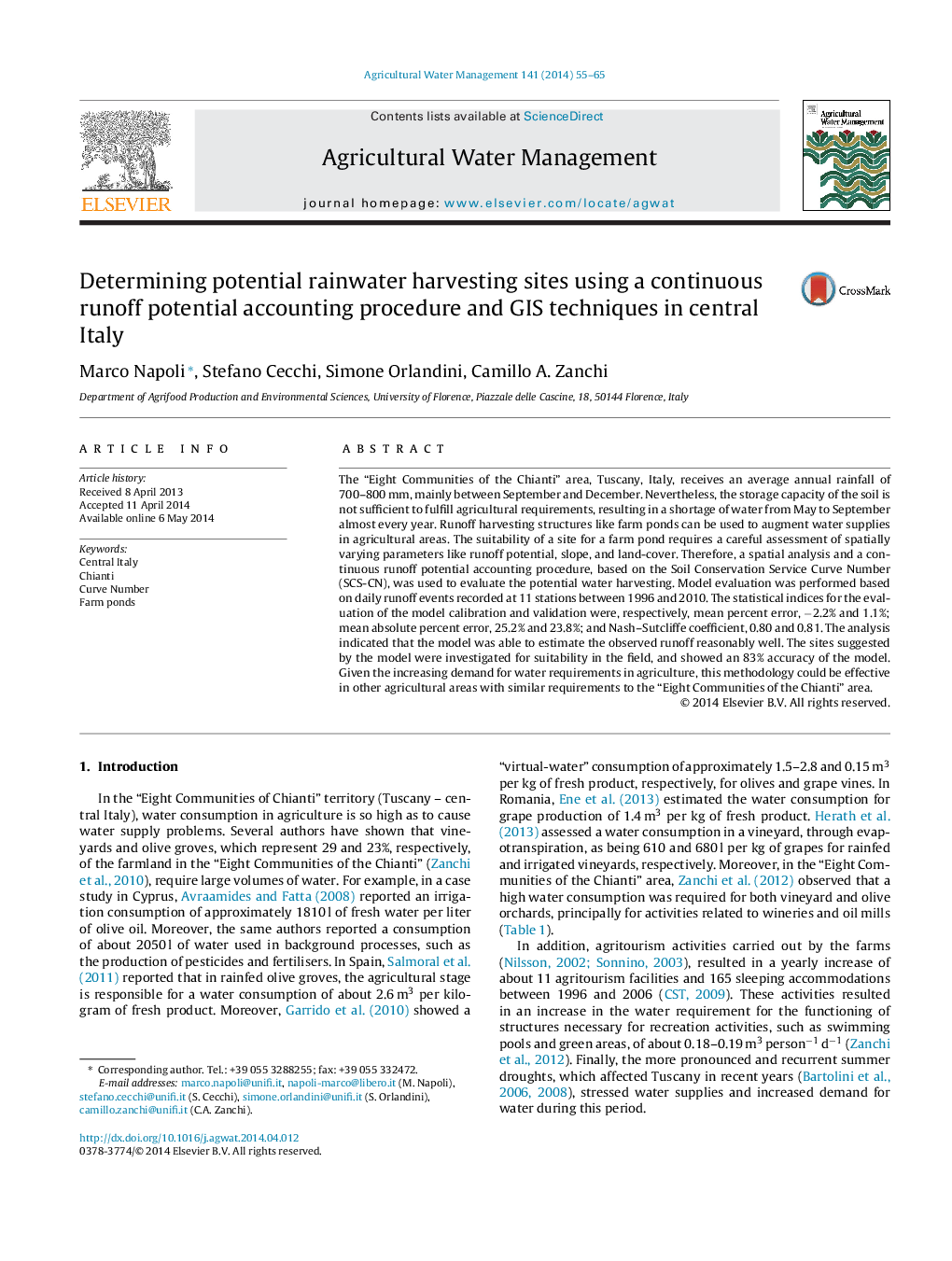 Determining potential rainwater harvesting sites using a continuous runoff potential accounting procedure and GIS techniques in central Italy