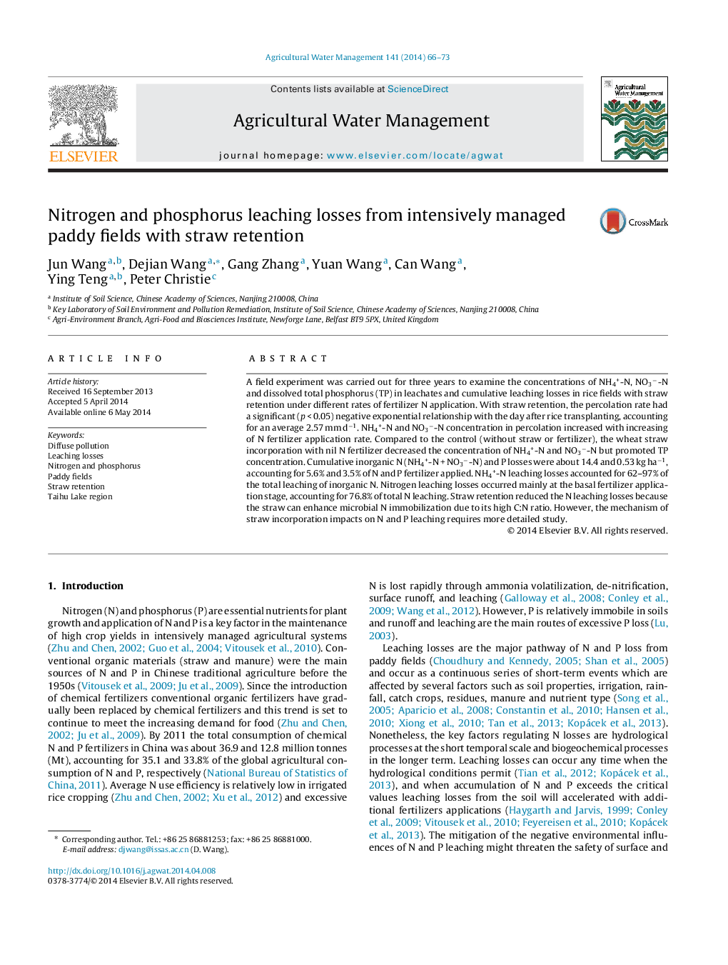 Nitrogen and phosphorus leaching losses from intensively managed paddy fields with straw retention