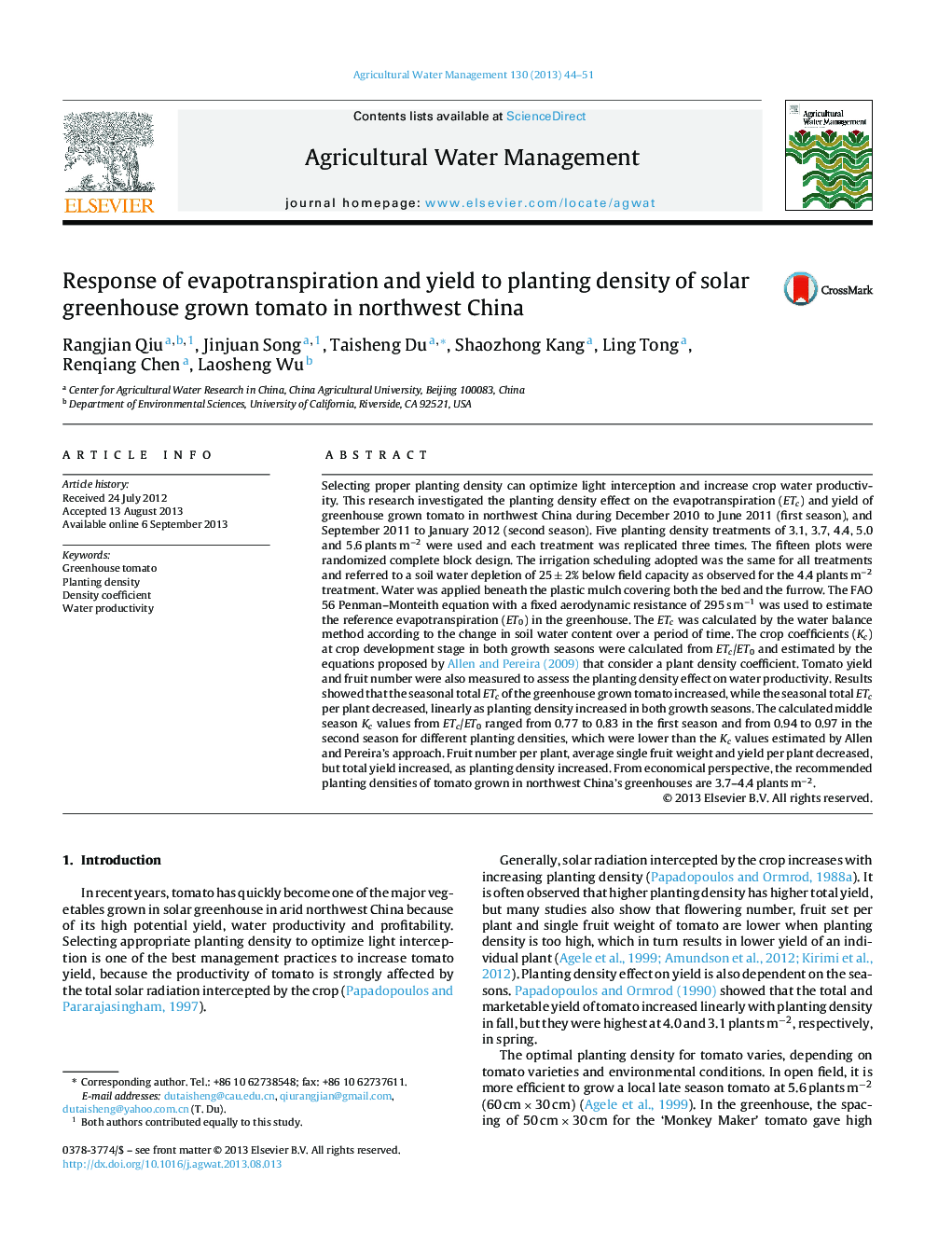 Response of evapotranspiration and yield to planting density of solar greenhouse grown tomato in northwest China