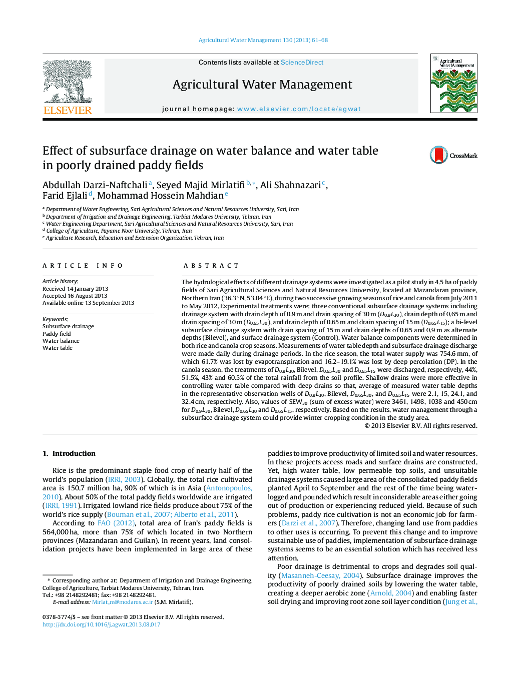 Effect of subsurface drainage on water balance and water table in poorly drained paddy fields