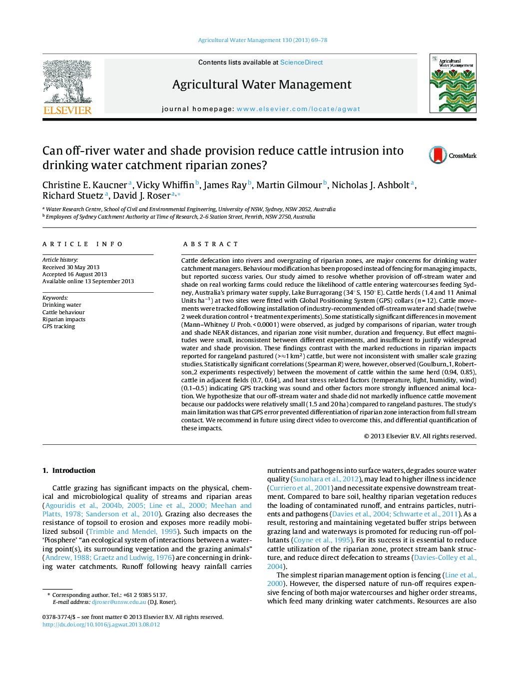 Can off-river water and shade provision reduce cattle intrusion into drinking water catchment riparian zones?