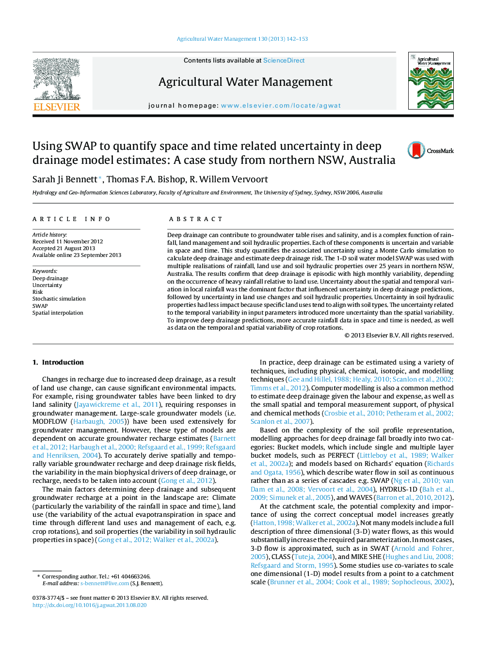 Using SWAP to quantify space and time related uncertainty in deep drainage model estimates: A case study from northern NSW, Australia