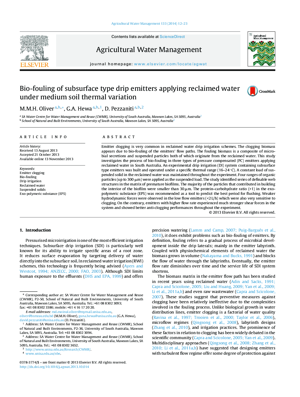 Bio-fouling of subsurface type drip emitters applying reclaimed water under medium soil thermal variation