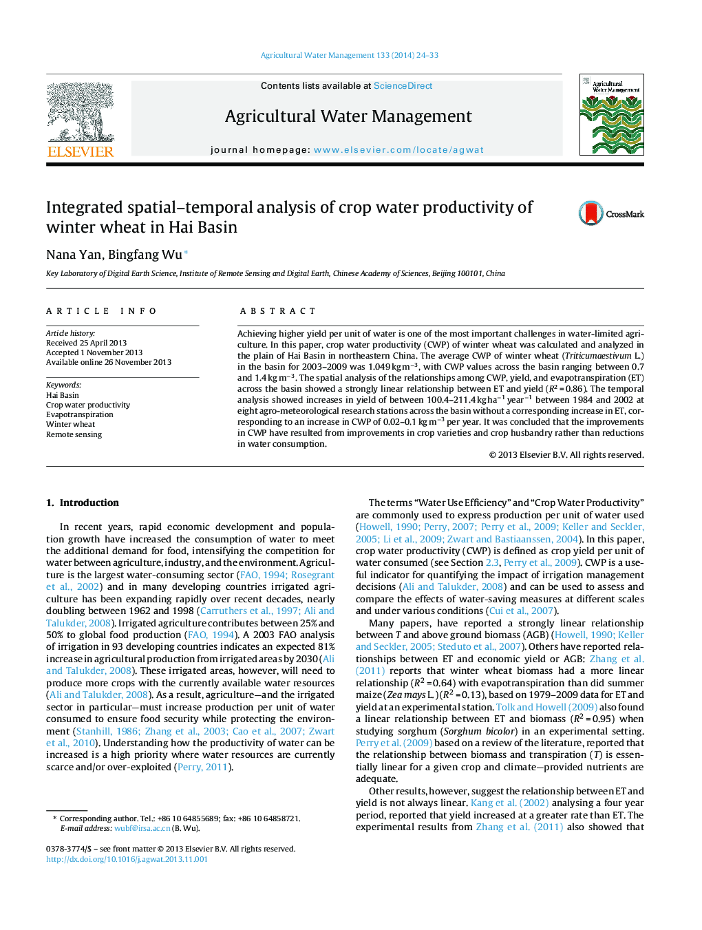 Integrated spatial–temporal analysis of crop water productivity of winter wheat in Hai Basin