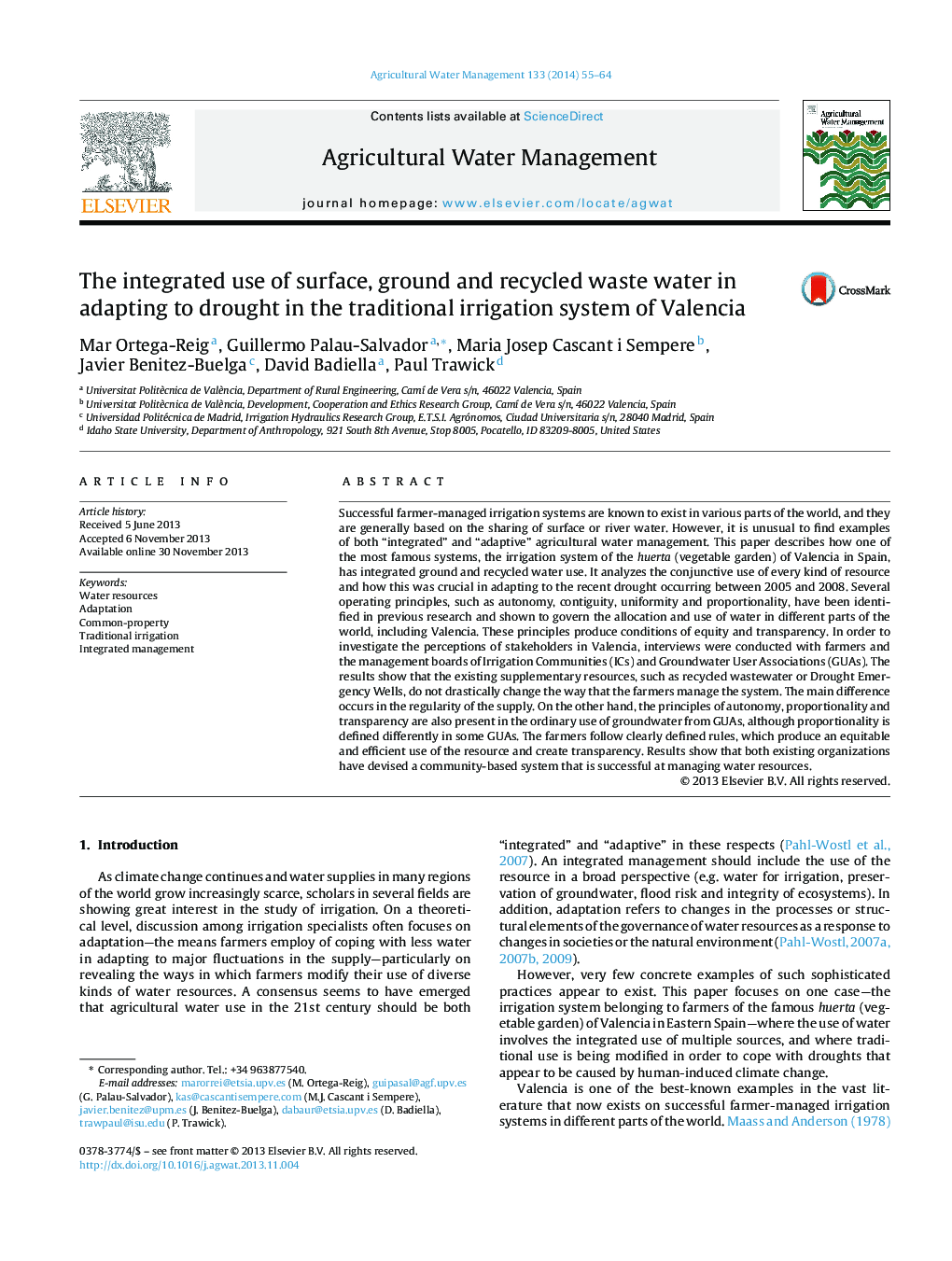 The integrated use of surface, ground and recycled waste water in adapting to drought in the traditional irrigation system of Valencia