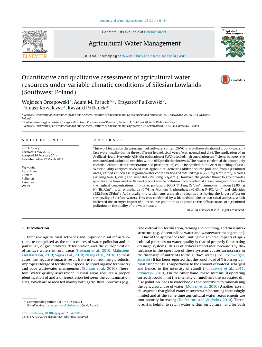 Quantitative and qualitative assessment of agricultural water resources under variable climatic conditions of Silesian Lowlands (Southwest Poland)