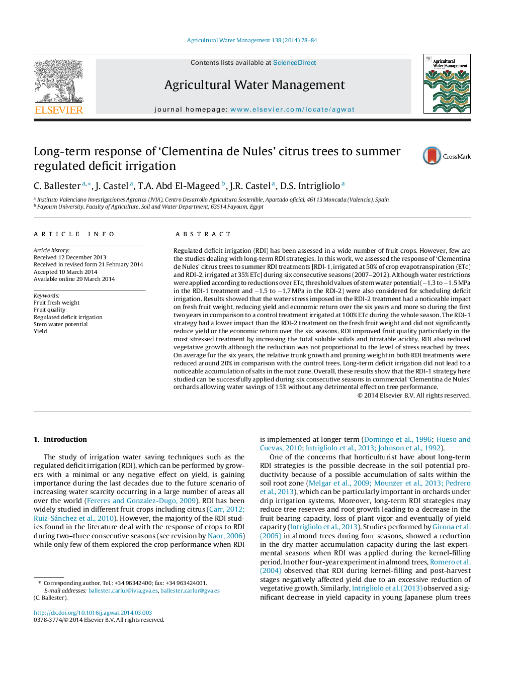 Long-term response of ‘Clementina de Nules’ citrus trees to summer regulated deficit irrigation