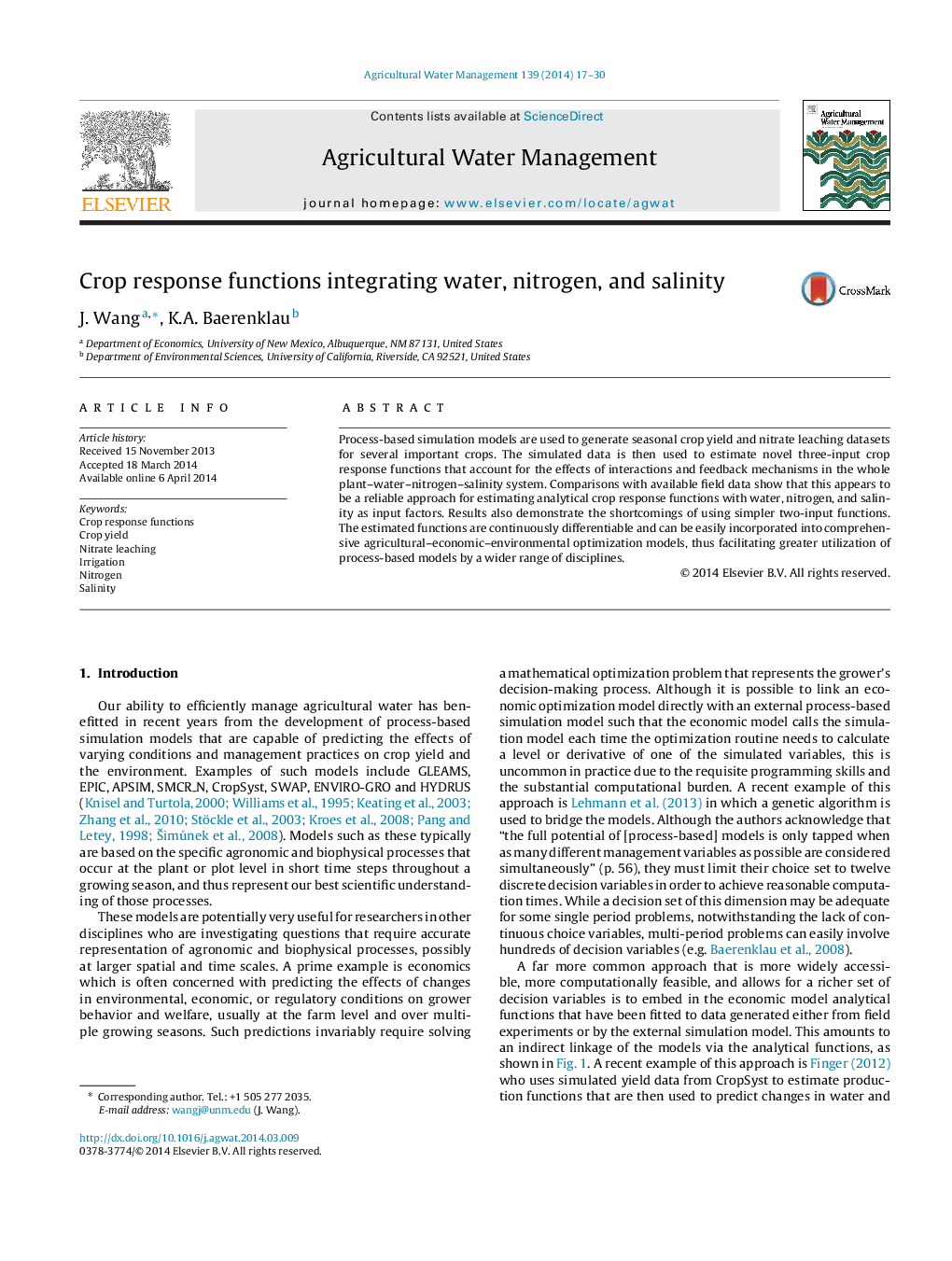 Crop response functions integrating water, nitrogen, and salinity