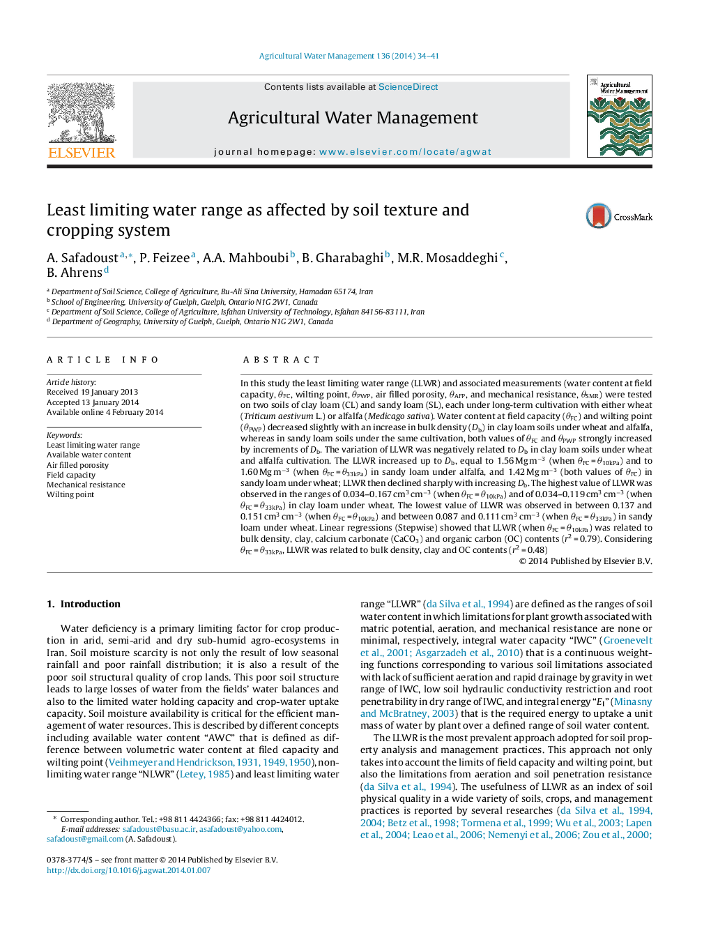 Least limiting water range as affected by soil texture and cropping system