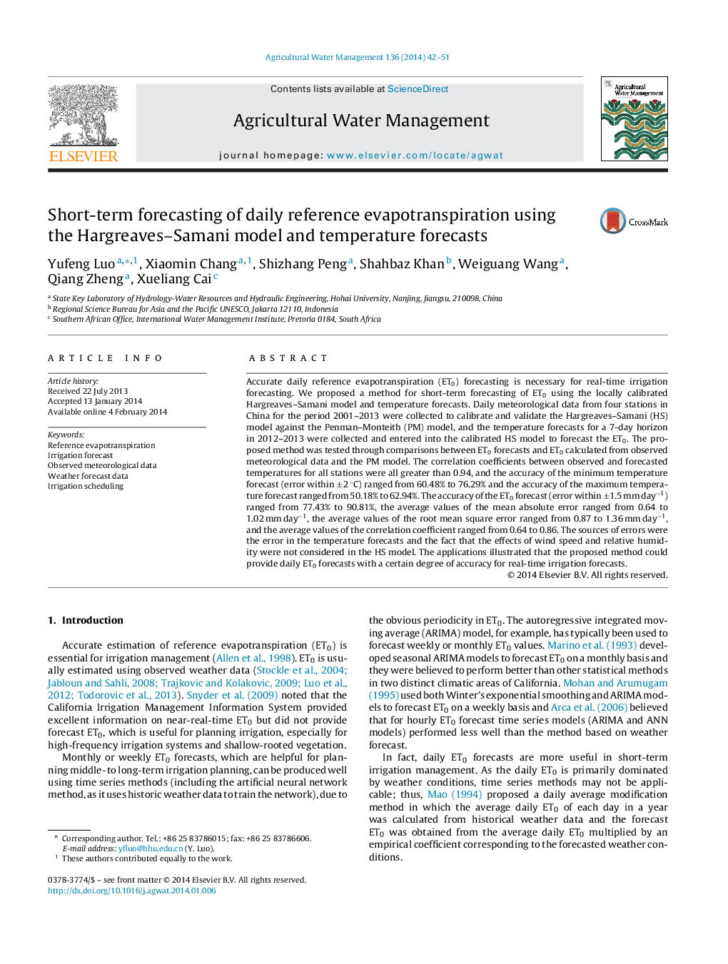 Short-term forecasting of daily reference evapotranspiration using the Hargreaves–Samani model and temperature forecasts