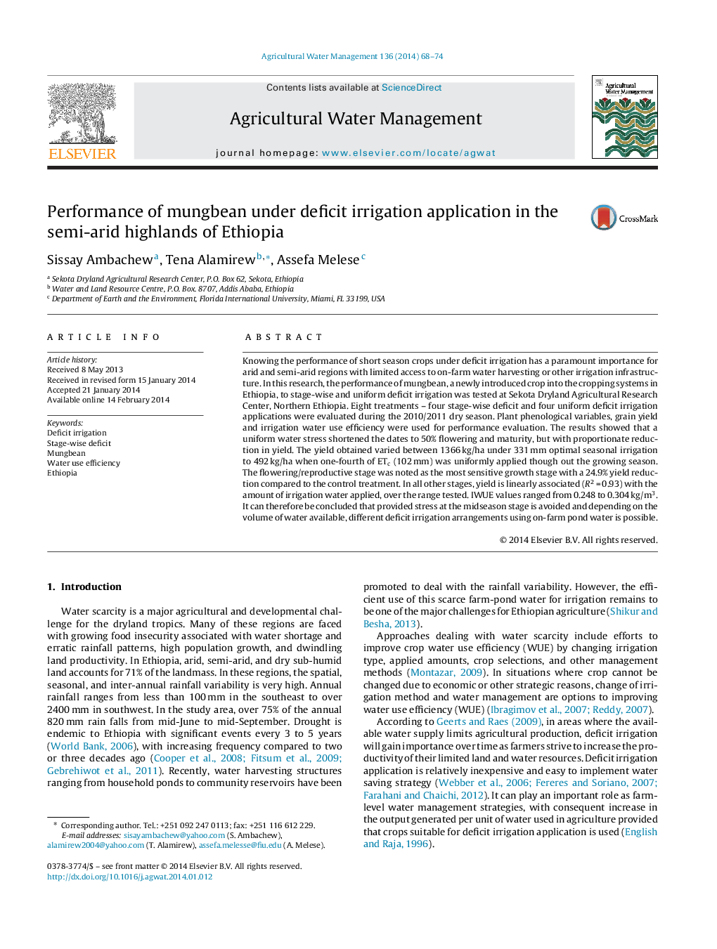 Performance of mungbean under deficit irrigation application in the semi-arid highlands of Ethiopia