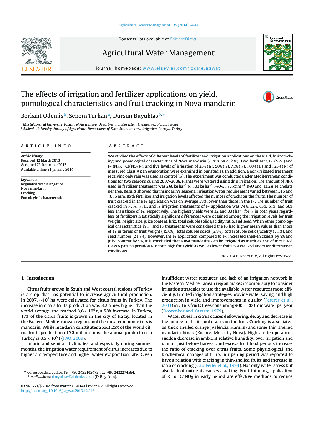 The effects of irrigation and fertilizer applications on yield, pomological characteristics and fruit cracking in Nova mandarin