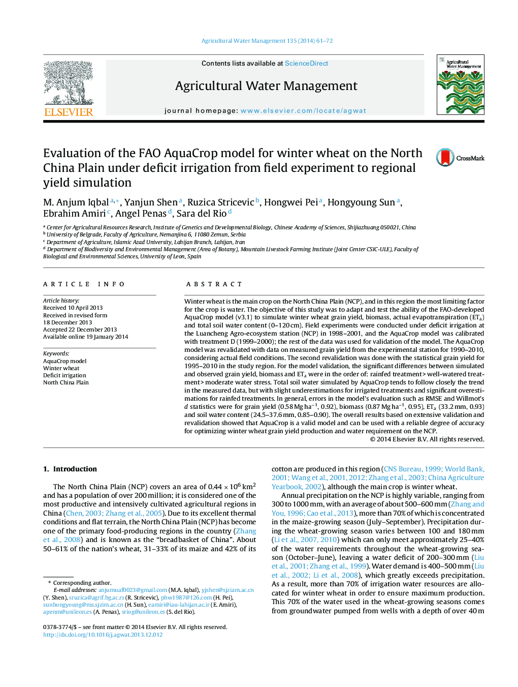 Evaluation of the FAO AquaCrop model for winter wheat on the North China Plain under deficit irrigation from field experiment to regional yield simulation