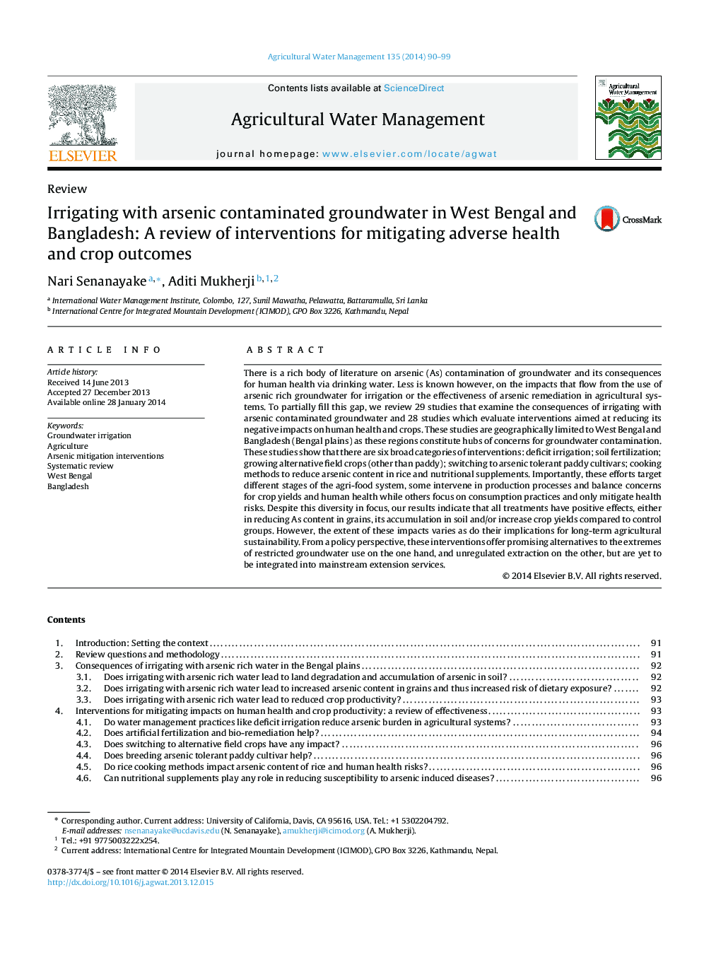 Irrigating with arsenic contaminated groundwater in West Bengal and Bangladesh: A review of interventions for mitigating adverse health and crop outcomes