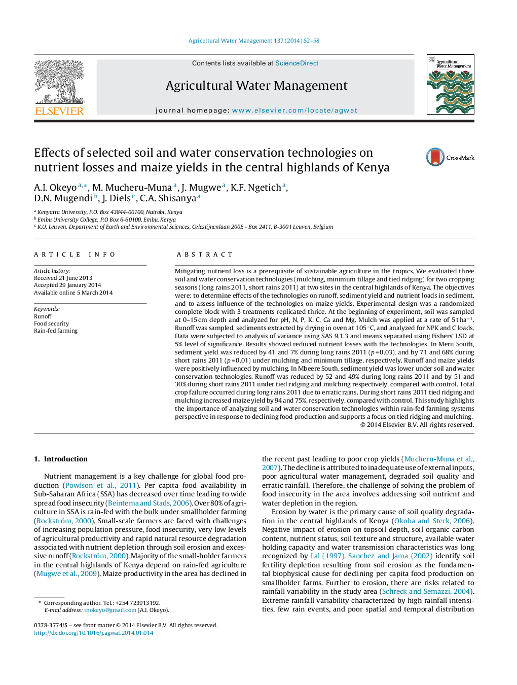 Effects of selected soil and water conservation technologies on nutrient losses and maize yields in the central highlands of Kenya