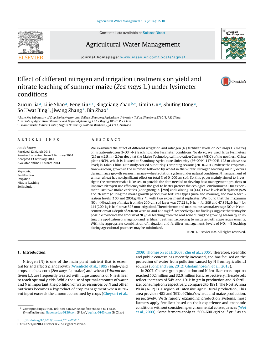 Effect of different nitrogen and irrigation treatments on yield and nitrate leaching of summer maize (Zea mays L.) under lysimeter conditions